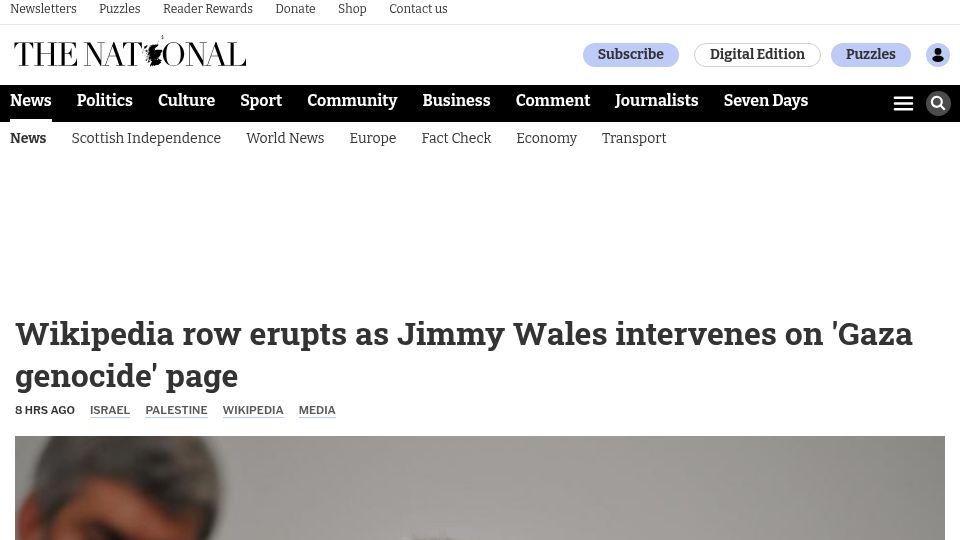 Screenshot of thenational.scot: Wikipedia row erupts as Jimmy Wales intervenes on 'Gaza genocide' page