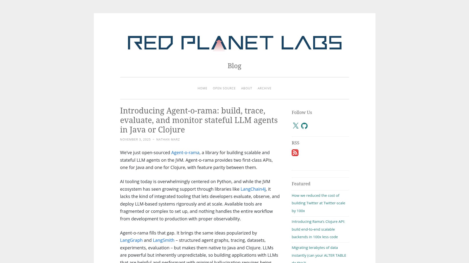 Screenshot of blog.redplanetlabs.com: Agent-o-rama: build, trace, evaluate, and monitor LLM agents in Java or Clojure