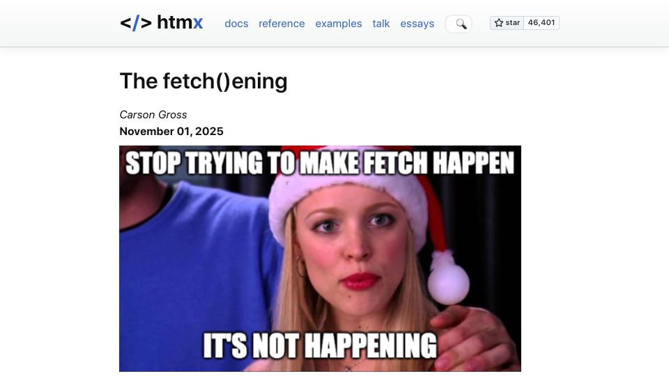 Screenshot of htmx.org: </> Htmx – The Fetch()ening