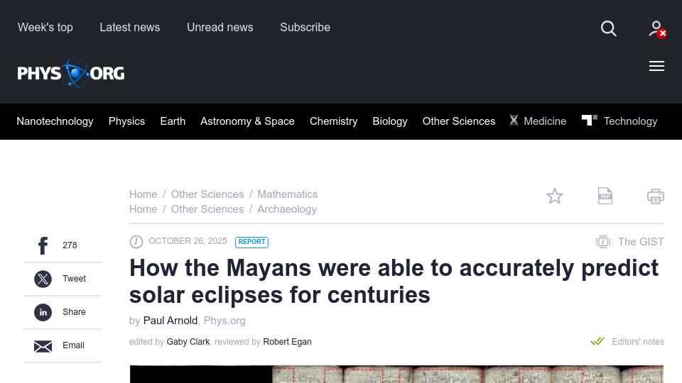 Screenshot of phys.org: How the Mayans were able to accurately predict solar eclipses for centuries