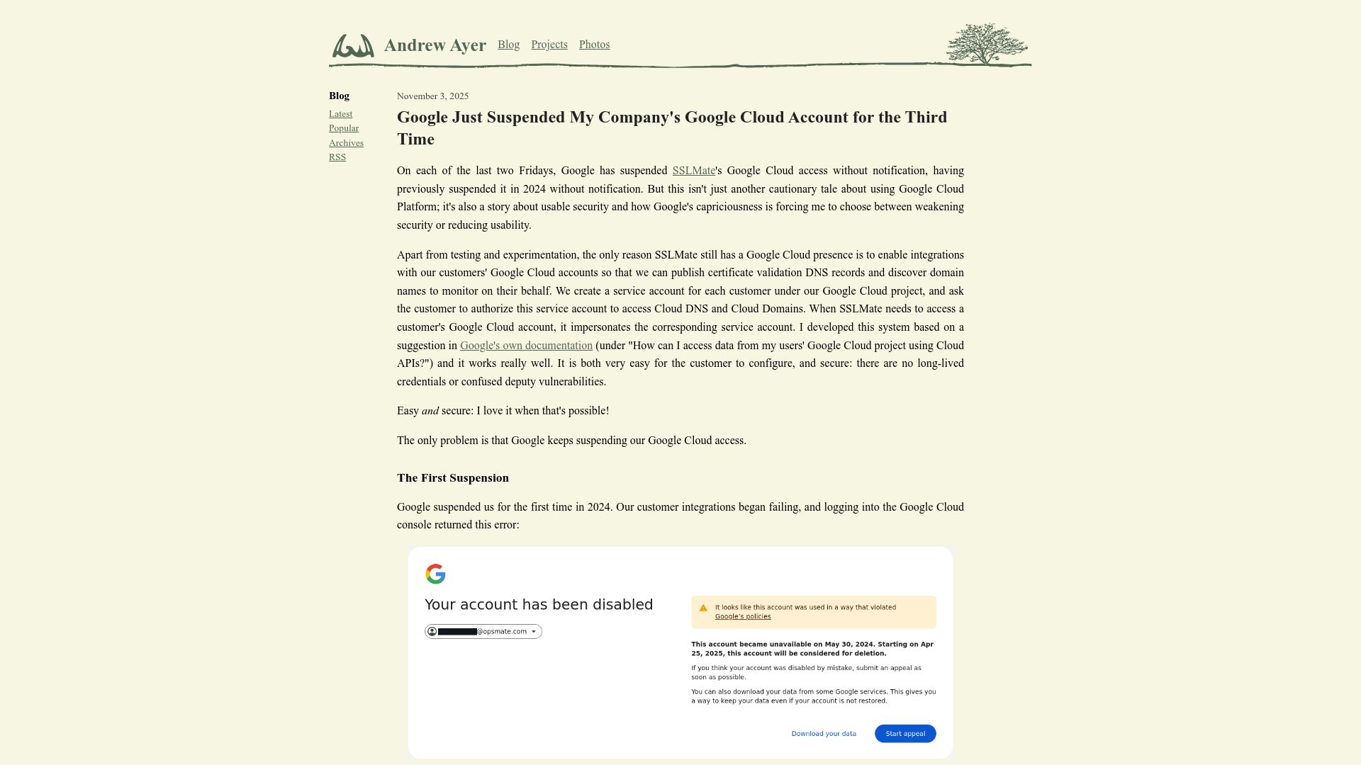 Screenshot of agwa.name: Google suspended my company's Google cloud account for the third time