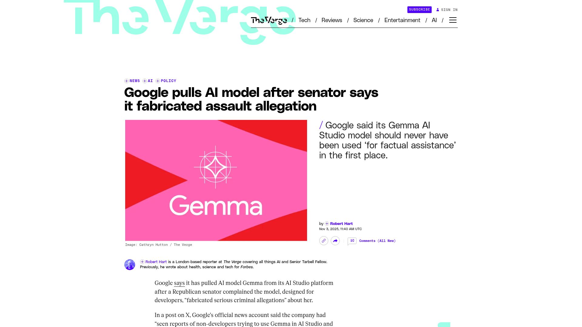 Screenshot of theverge.com: Google pulls AI model after senator says it fabricated assault allegation