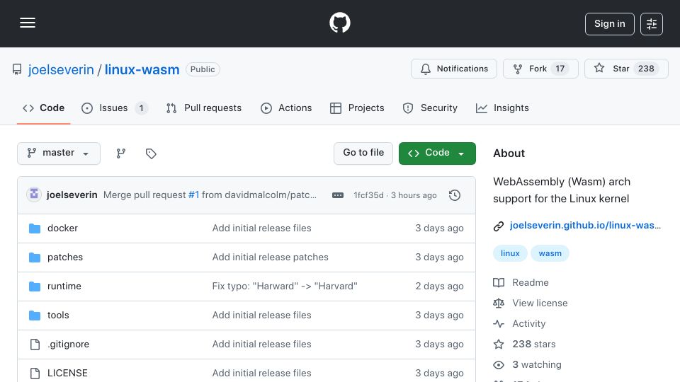 Screenshot of github.com: WebAssembly (WASM) arch support for the Linux kernel