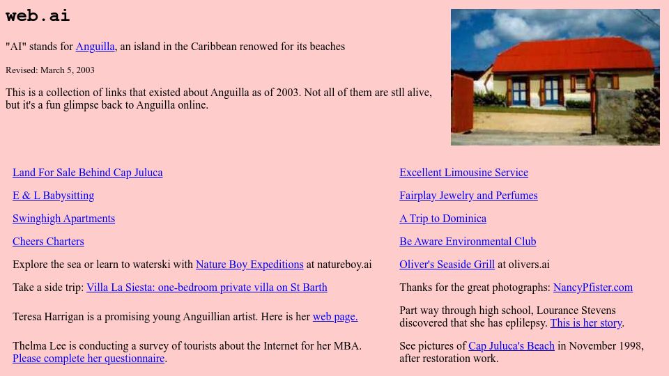 Screenshot of web.ai: A collection of links that existed about Anguilla as of 2003