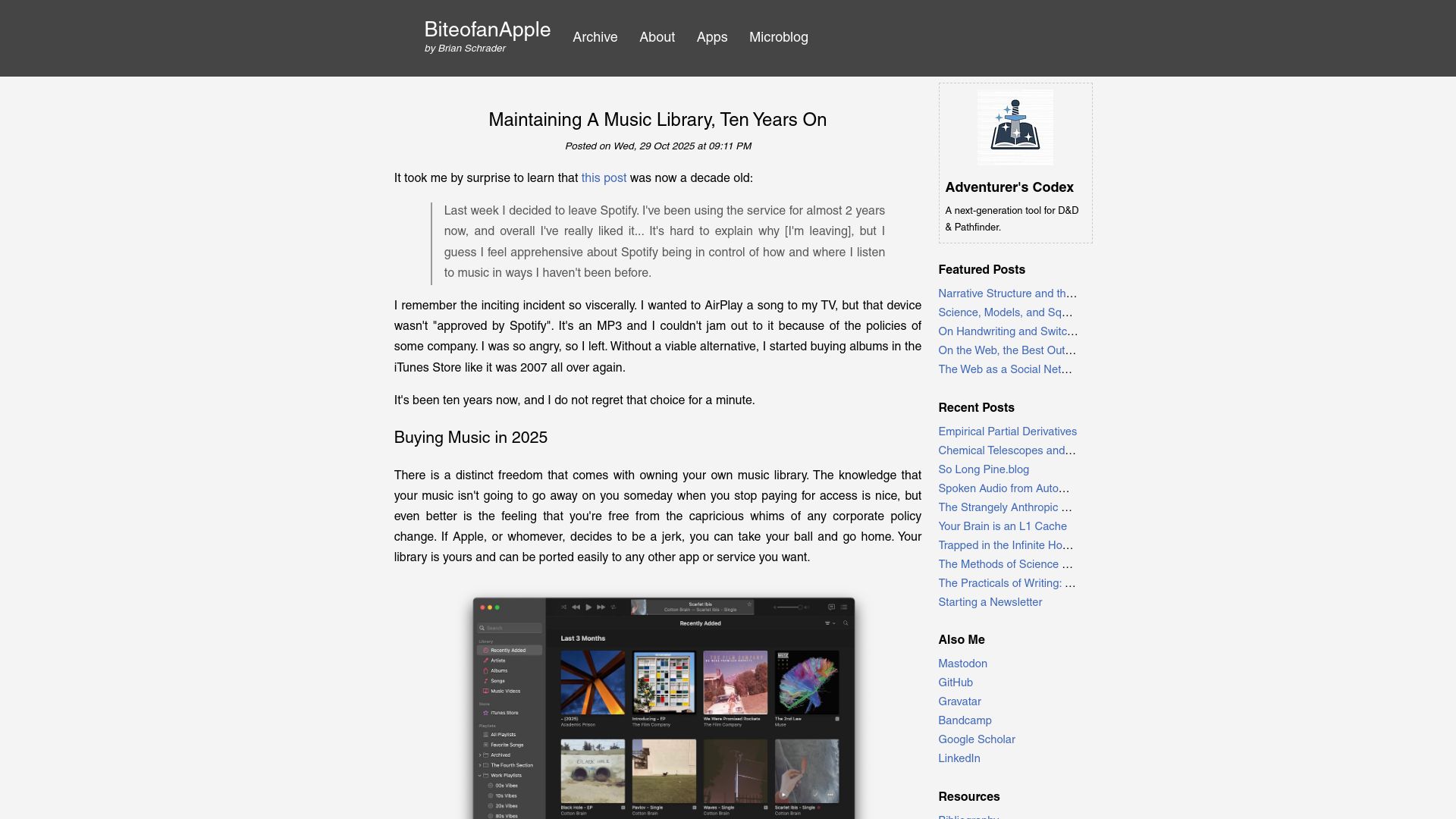 Screenshot of brianschrader.com: Maintaining a Music Library, Ten Years On