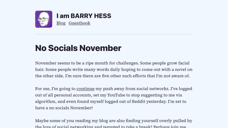 Screenshot of bjhess.com: No Socials November