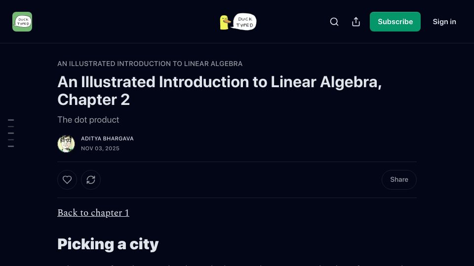 Screenshot of ducktyped.org: An Illustrated Introduction to Linear Algebra, Chapter 2: The Dot Product