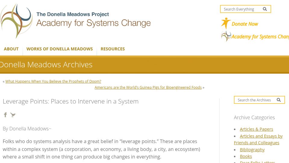 Screenshot of donellameadows.org: Leverage Points: Places to Intervene in a System (1999)