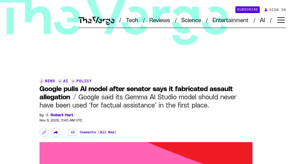 Screenshot of theverge.com: Google pulls AI model after senator says it fabricated assault allegation
