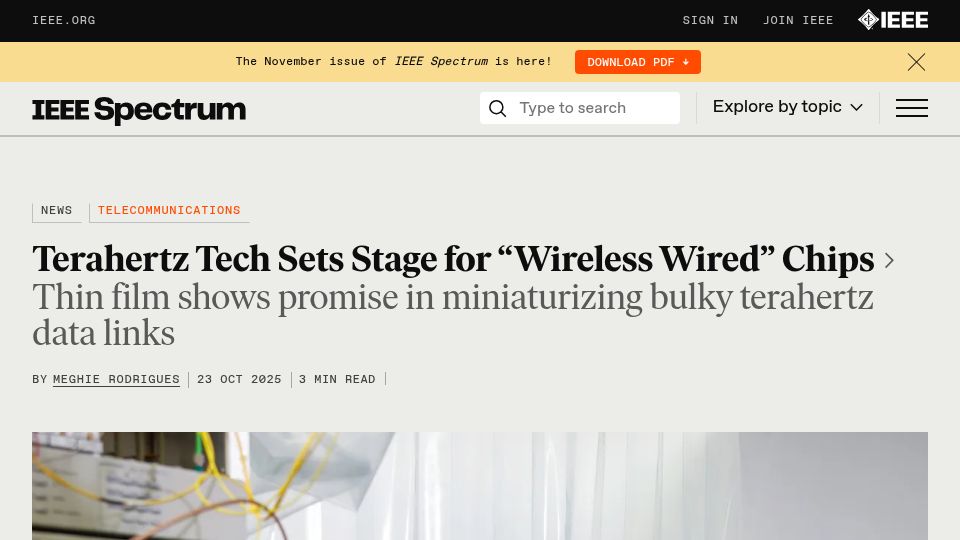 Screenshot of spectrum.ieee.org: Terahertz Tech Sets Stage for "Wireless Wired" Chips