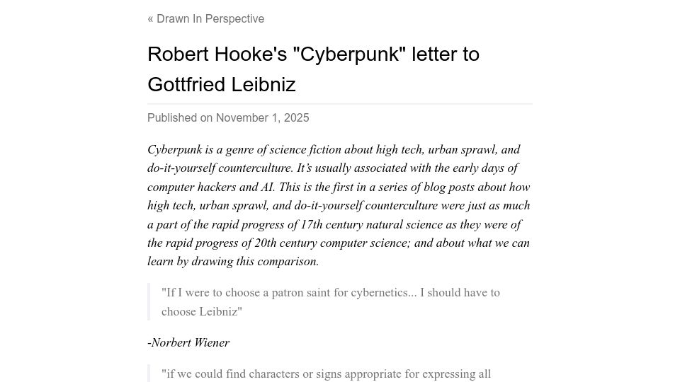Screenshot of mynamelowercase.com: Robert Hooke's "Cyberpunk” Letter to Gottfried Leibniz