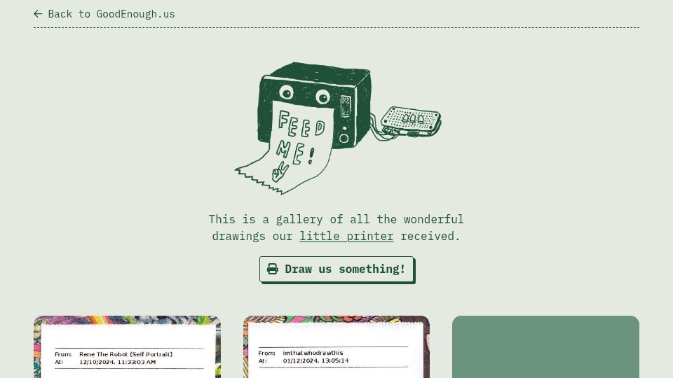 Screenshot of guestbook.goodenough.us: Gallery of wonderful drawings our little thermal printer received