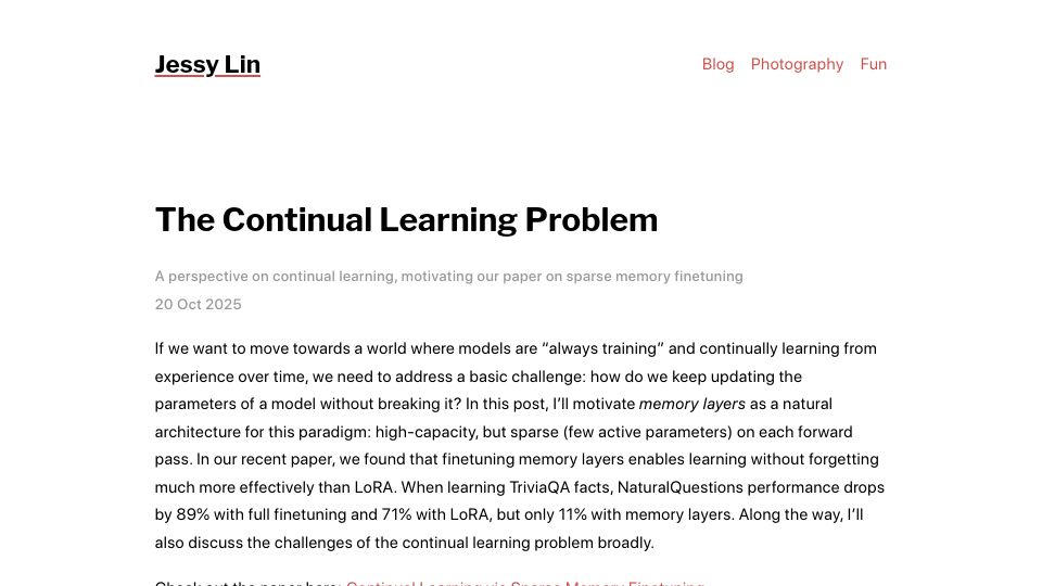 Screenshot of jessylin.com: The Continual Learning Problem