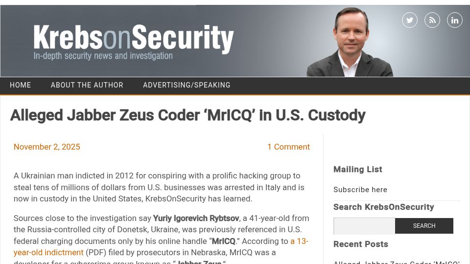 Screenshot of krebsonsecurity.com: Alleged Jabber Zeus Coder 'MrICQ' in U.S. Custody