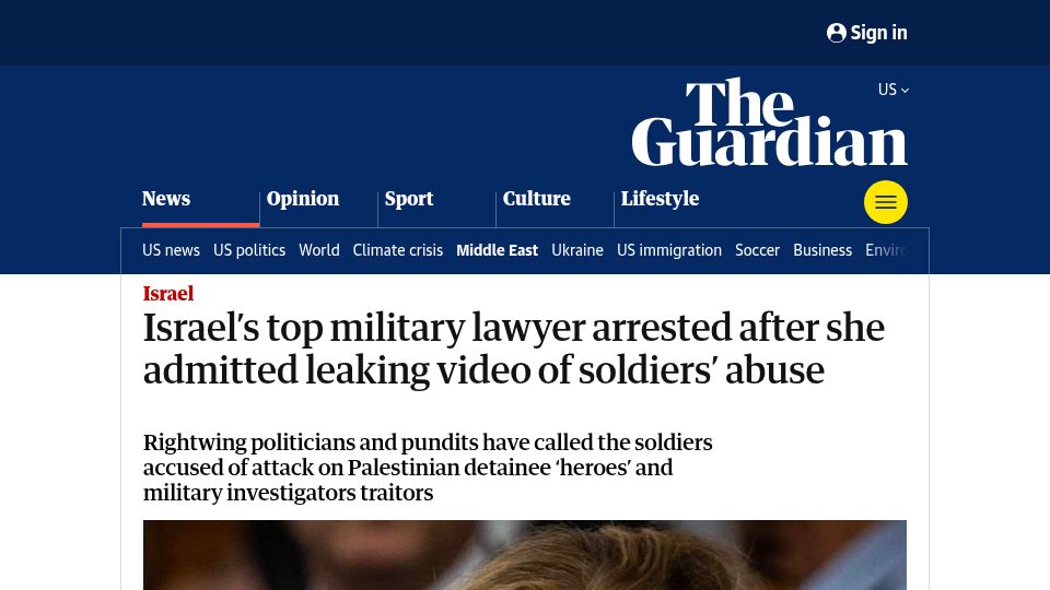 Screenshot of theguardian.com: Israels top military lawyer arrested after she admitted leaking video of abuse