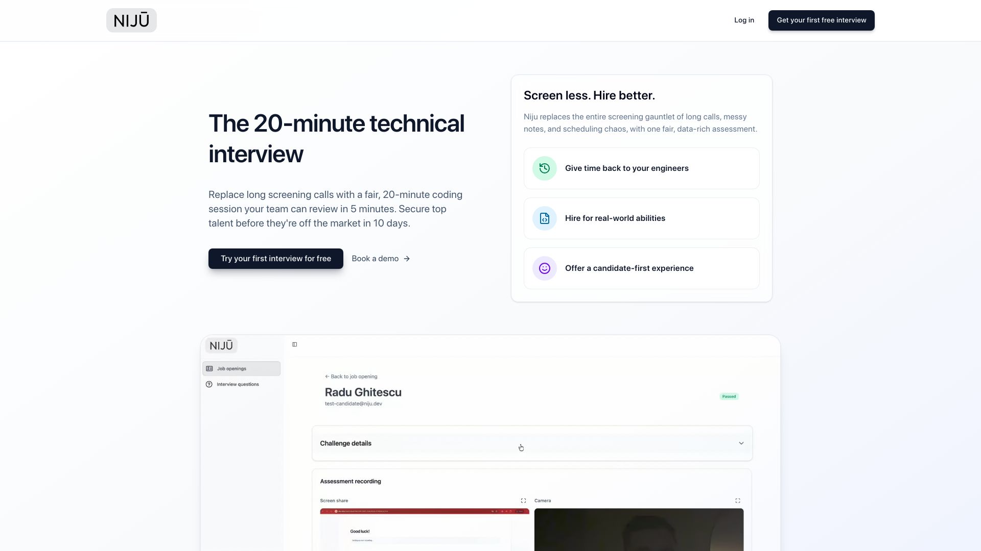 Screenshot of niju.dev: Show HN: I was tired of wasting engineer time on screening calls so I built Niju