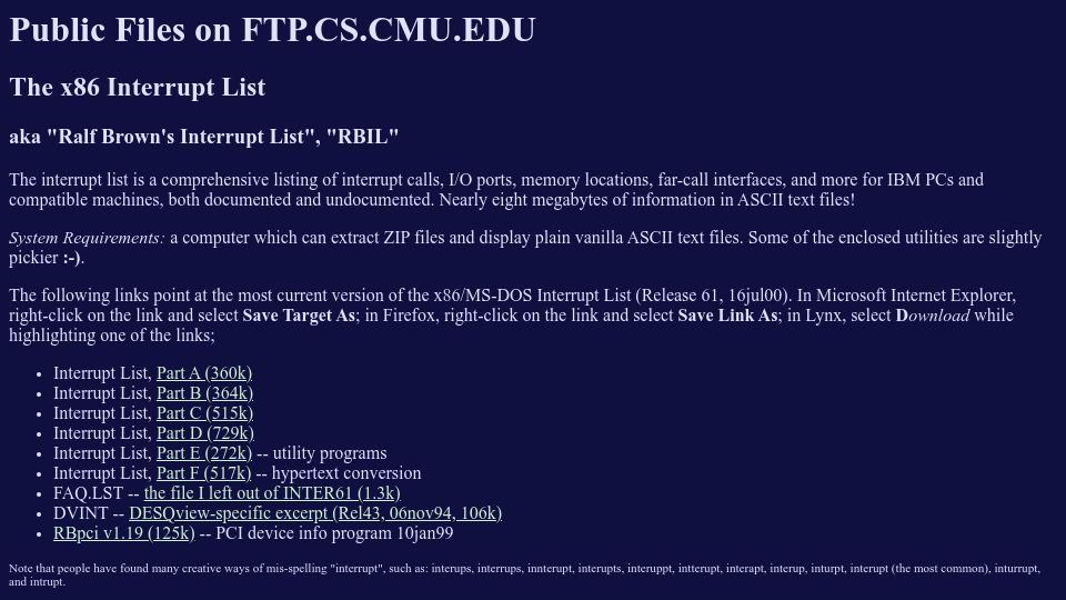 Screenshot of cs.cmu.edu: The x86 Interrupt List, aka “Ralf Brown's Interrupt List” (2018)