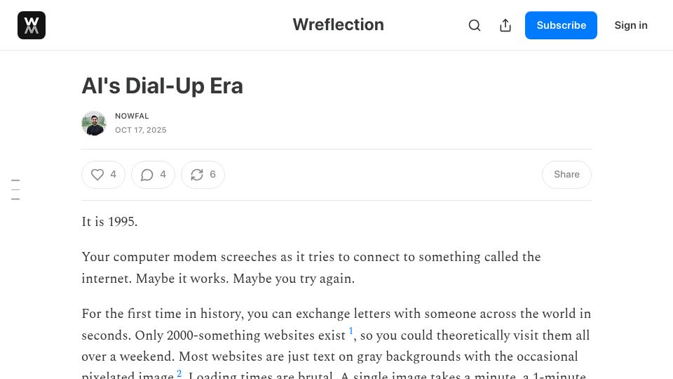 Screenshot of wreflection.com: AI's Dial-Up Era