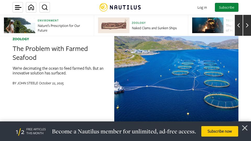 Screenshot of nautil.us: The problem with farmed seafood