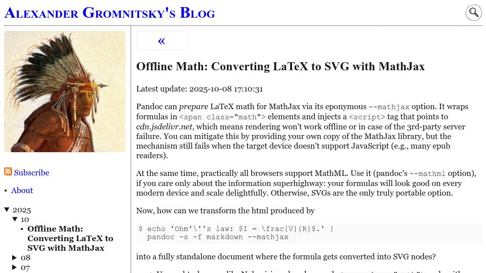 Screenshot of sigwait.org: Offline Math: Converting LaTeX to SVG with MathJax
