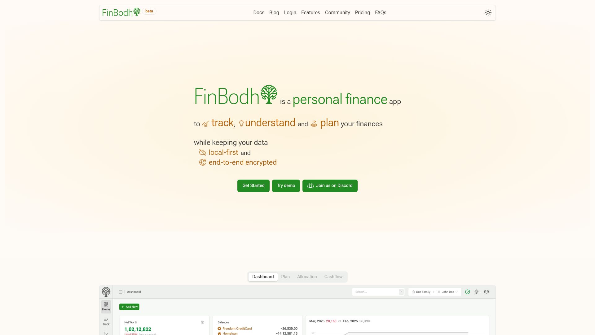 Screenshot of finbodhi.com: Show HN: FinBodhi – Local-first, double-entry app/PWA for your financial journey