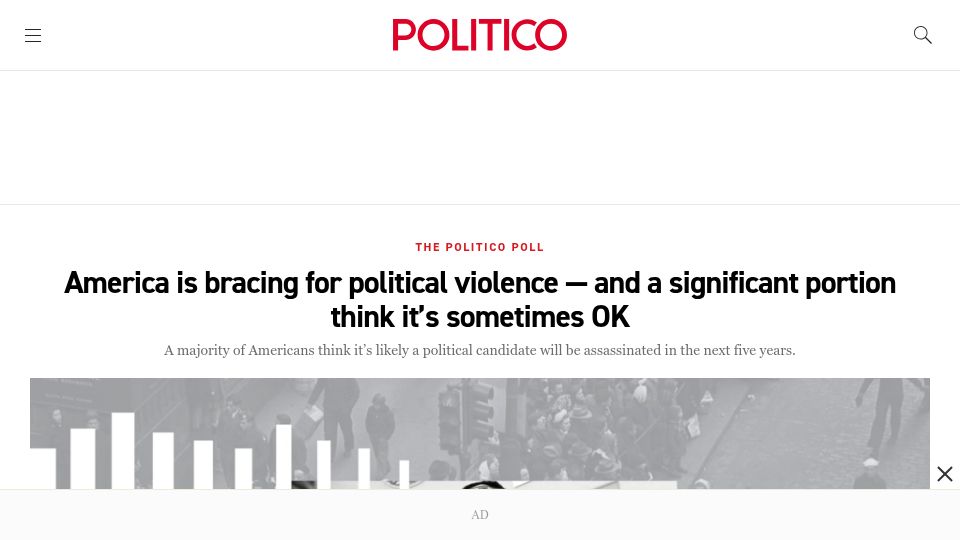 Screenshot of politico.com: America is bracing for political violence – and significant portion think its OK