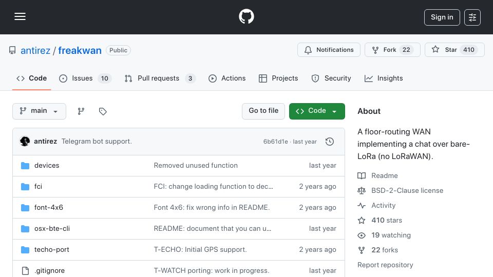 Screenshot of github.com: FreakWAN: A floor-routing WAN implementing a chat over bare-LoRa (no LoRaWAN)