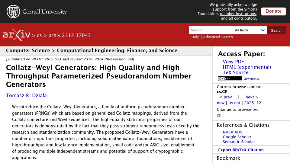 Screenshot of arxiv.org: Collatz-Weyl Generators: Pseudorandom Number Generators (2023)