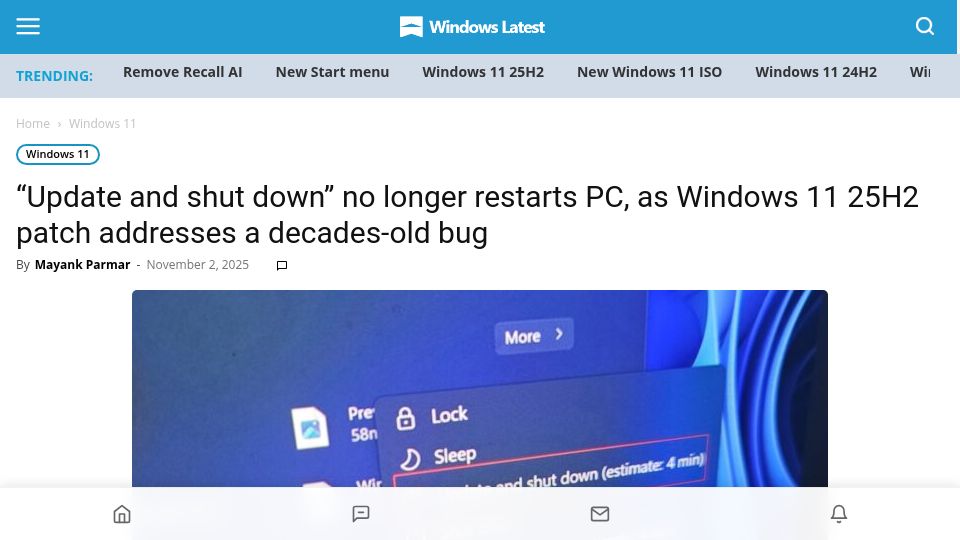 Screenshot of windowslatest.com: Update and shut down no longer restarts PC, 25H2 patch addresses decades-old bug