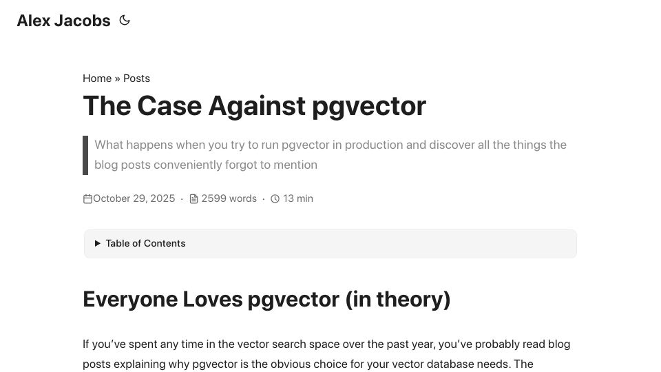 Screenshot of alex-jacobs.com: The Case Against PGVector