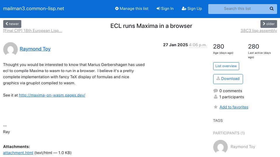 Screenshot of mailman3.common-lisp.net: ECL Runs Maxima in a Browser