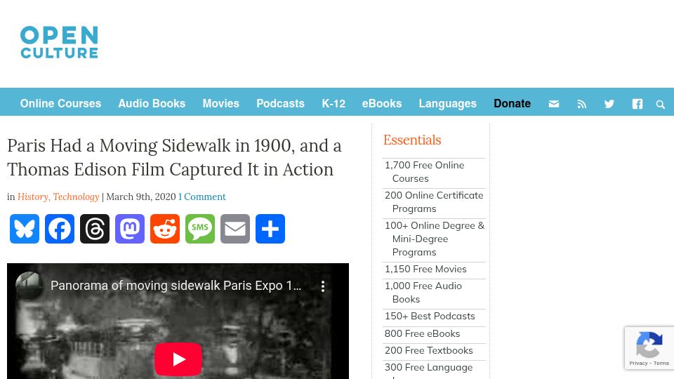Screenshot of openculture.com: Paris had a moving sidewalk in 1900, and a Thomas Edison film captured it (2020)