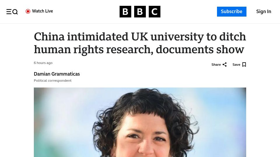 Screenshot of bbc.com: China intimidated UK university to ditch human rights research, documents show