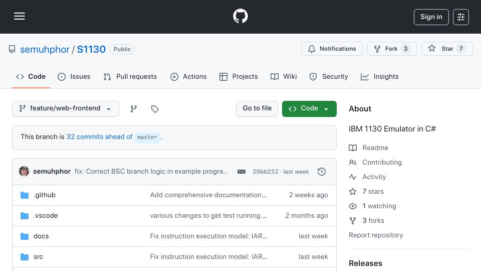 Screenshot of github.com: S1130 – IBM 1130 Emulator in C#