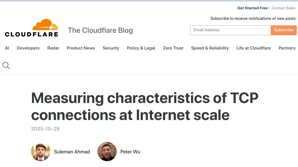 Screenshot of blog.cloudflare.com: Measuring characteristics of TCP connections at Internet scale