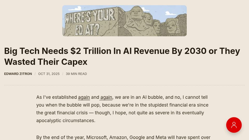 Screenshot of wheresyoured.at: Big Tech Needs $2T in AI Revenue by 2030