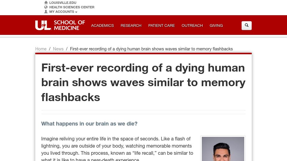 Screenshot of louisville.edu: First recording of a dying human brain shows waves similar to memory flashbacks (2022)