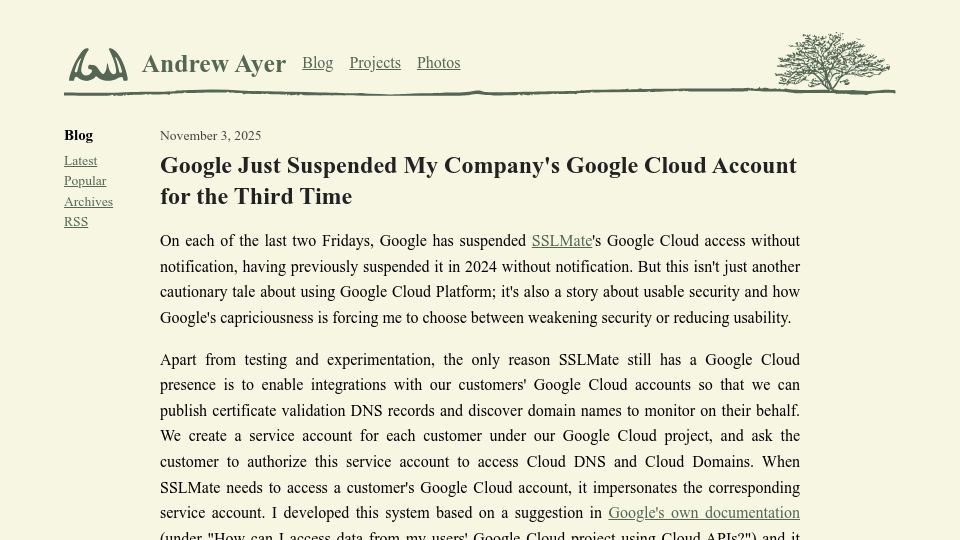 Screenshot of agwa.name: Google suspended my company's Google cloud account for the third time