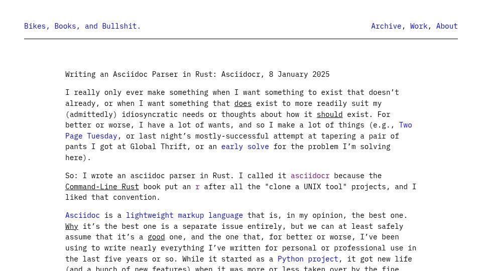 Screenshot of bikesbooksandbullshit.com: Writing an Asciidoc Parser in Rust: Asciidocr