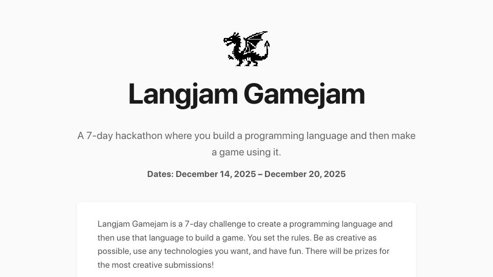 Screenshot of langjamgamejam.com: Langjam Gamejam: Build a programming language then make a game with it