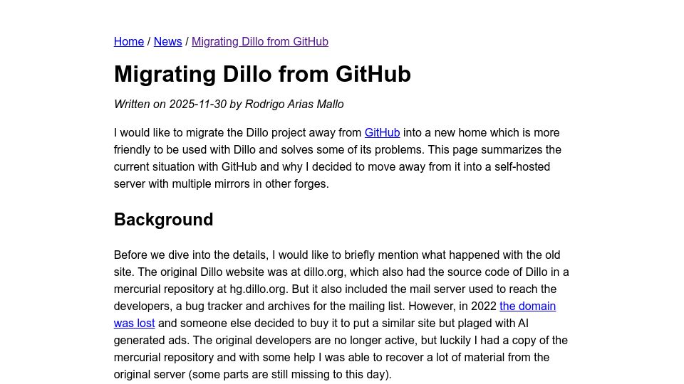 Screenshot of dillo-browser.org: Migrating Dillo from GitHub