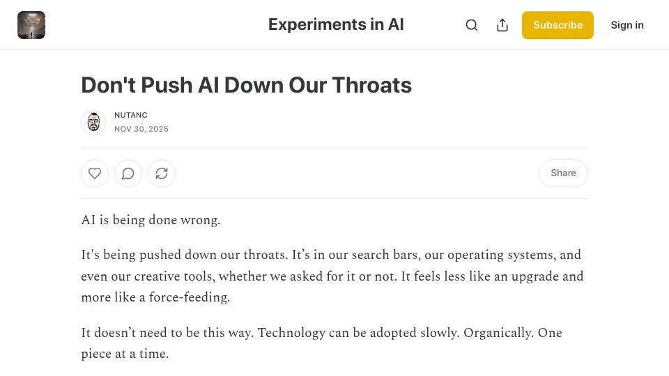 Screenshot of gpt3experiments.substack.com: Don't push AI down our throats