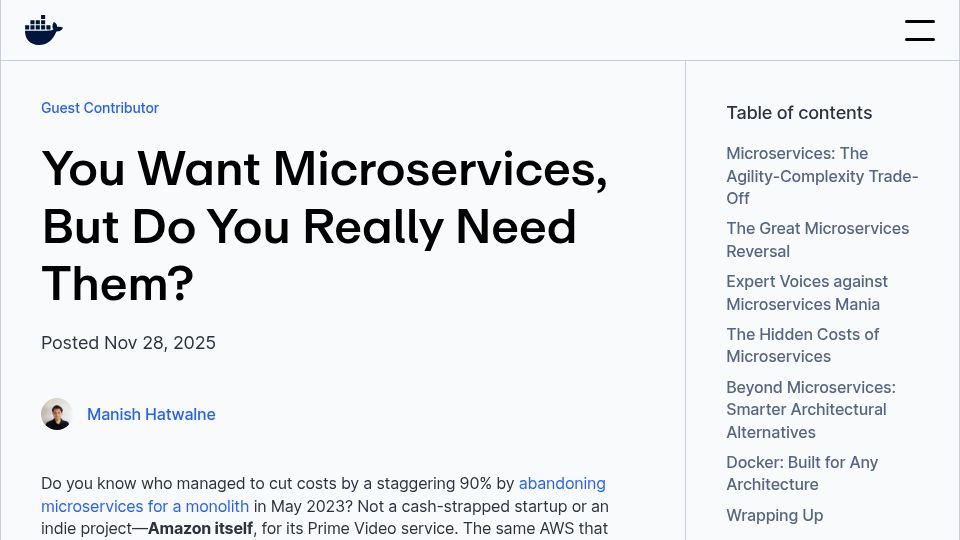 Screenshot of docker.com: You want microservices, but do you need them?