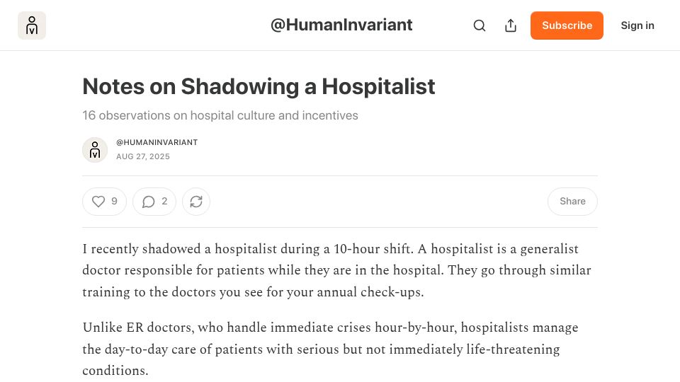 Screenshot of humaninvariant.substack.com: Notes on Shadowing a Hospitalist