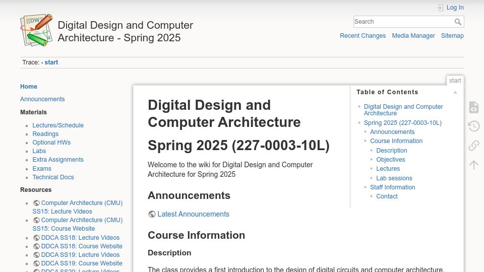 Screenshot of safari.ethz.ch: ETH-Zurich: Digital Design and Computer Architecture; 227-0003-10L, Spring, 2025