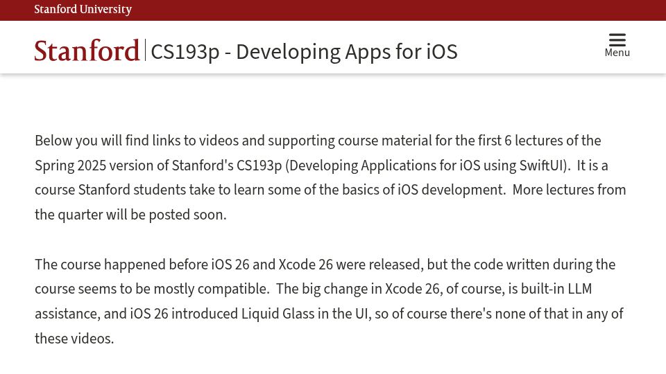 Screenshot of cs193p.stanford.edu: Paul Hegarty's updated CS193p SwiftUI course released by Stanford