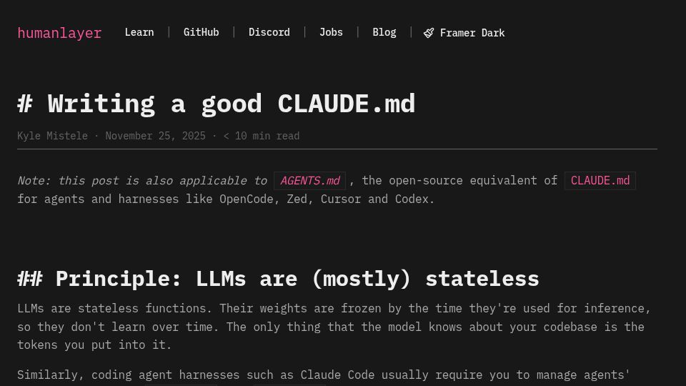 Screenshot of humanlayer.dev: Writing a good Claude.md
