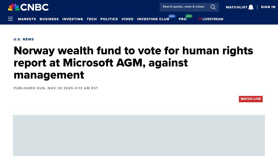 Screenshot of cnbc.com: Norway wealth fund to vote for human rights report at Microsoft, against Nadella