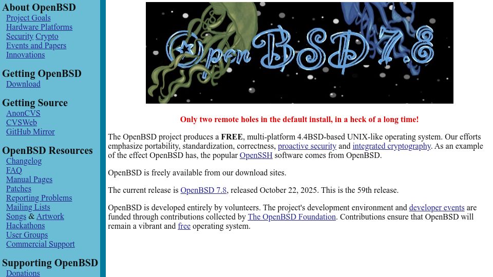 Screenshot of openbsd.org: OpenBSD: Free, Functional, and Secure