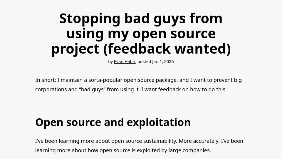 Screenshot of evanhahn.com: Stopping bad guys from using my open source project (feedback wanted)